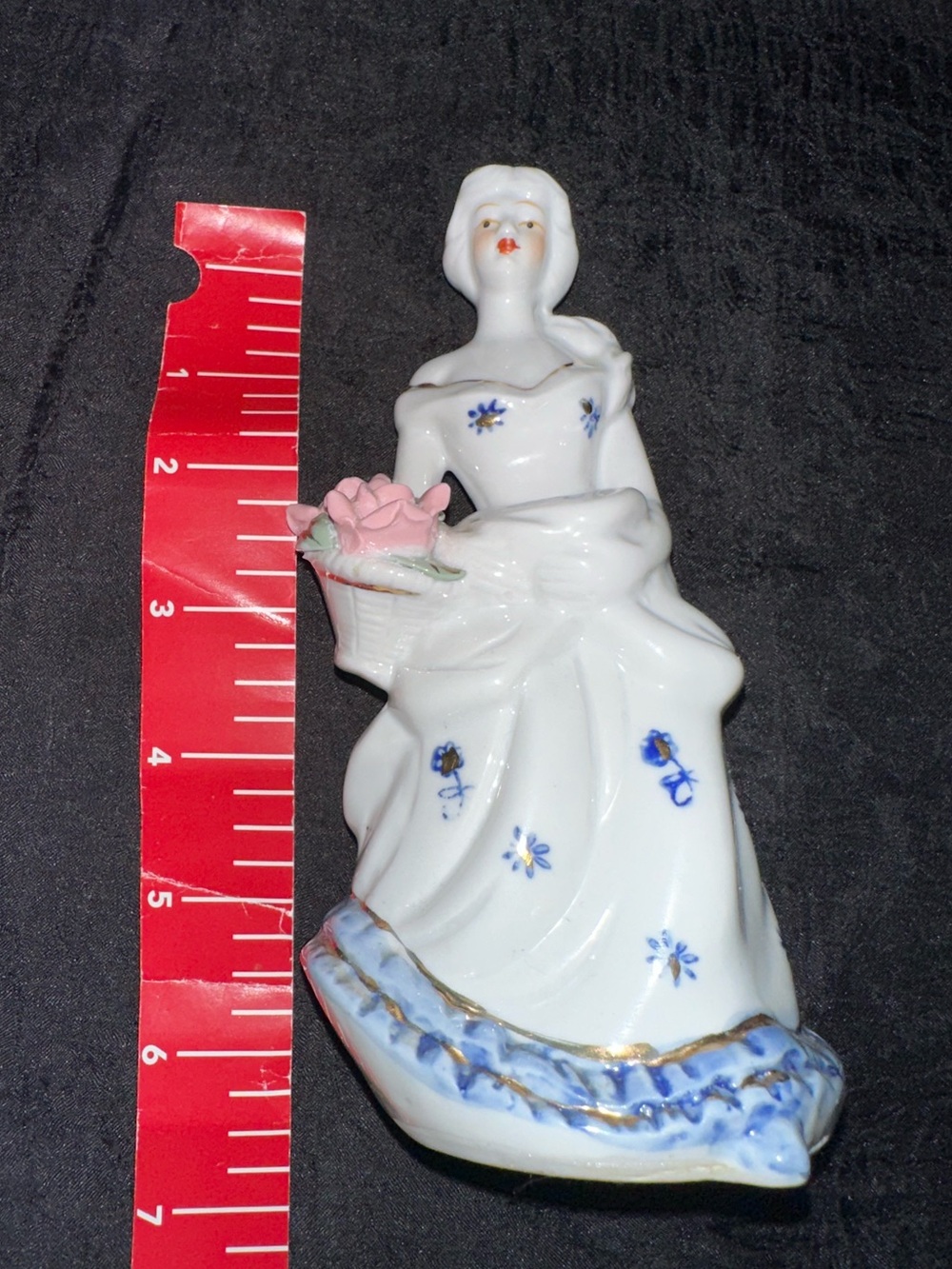 Vintage Porcelain Lady Figurine with Pink Bouquet and Blue Accents